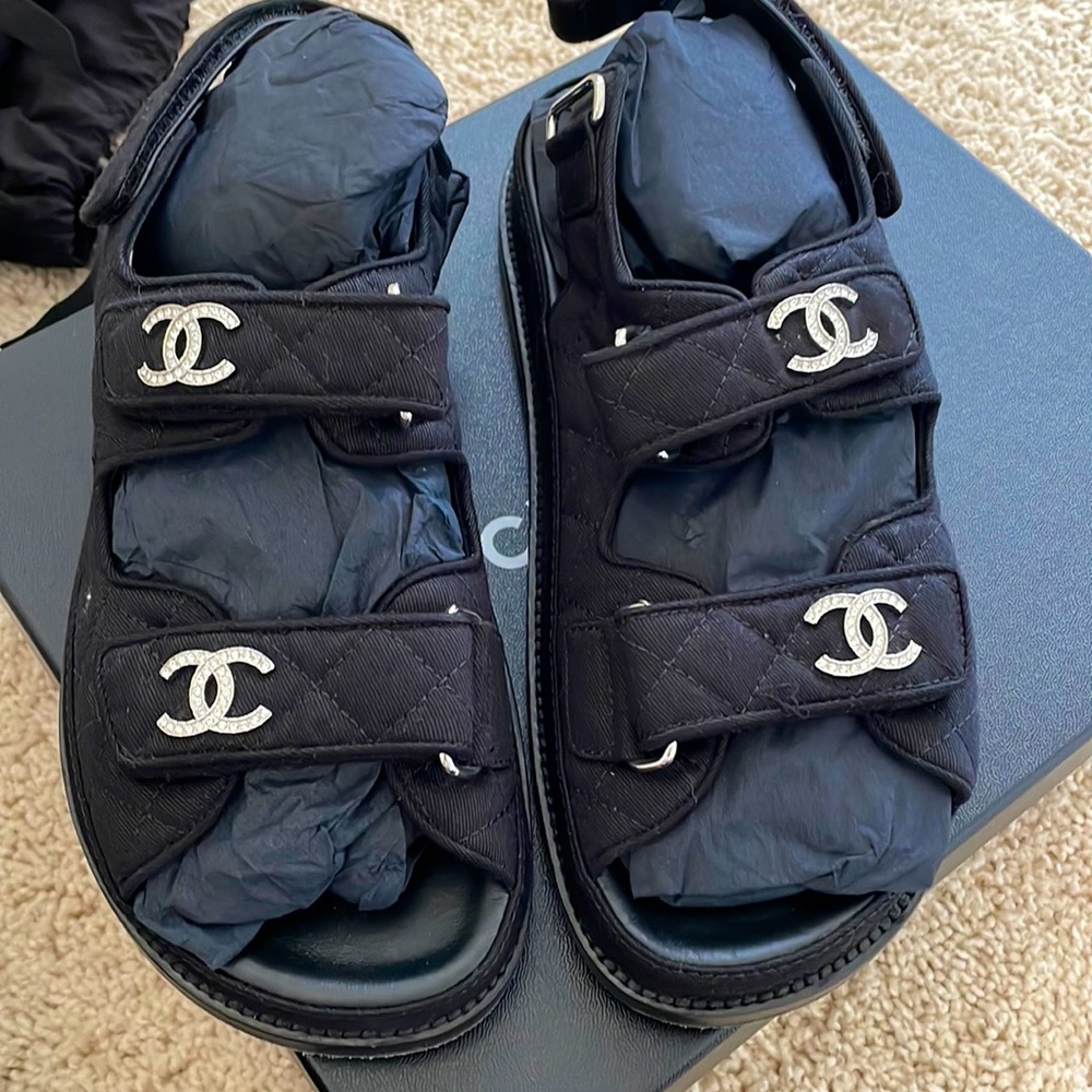 Chanel Interlocking CC Logo Canvas Slingback Sandals